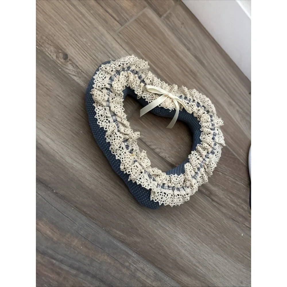 Handmade Fabric Wreath Wall Hanging 8in Blue Floral‎ Lace Cottagecore Decor